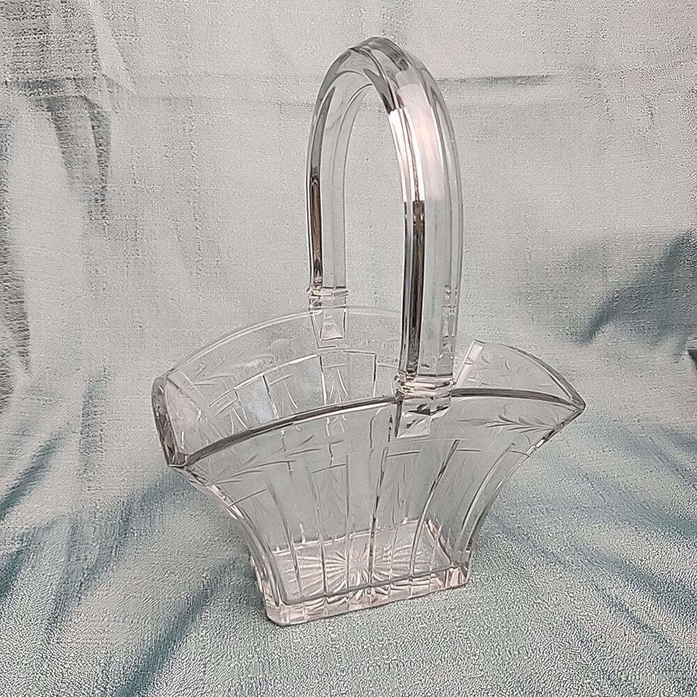 Antique 1915 Heisey USA Rectangular Cut Crystal Signed Glass Basket Vase Etching